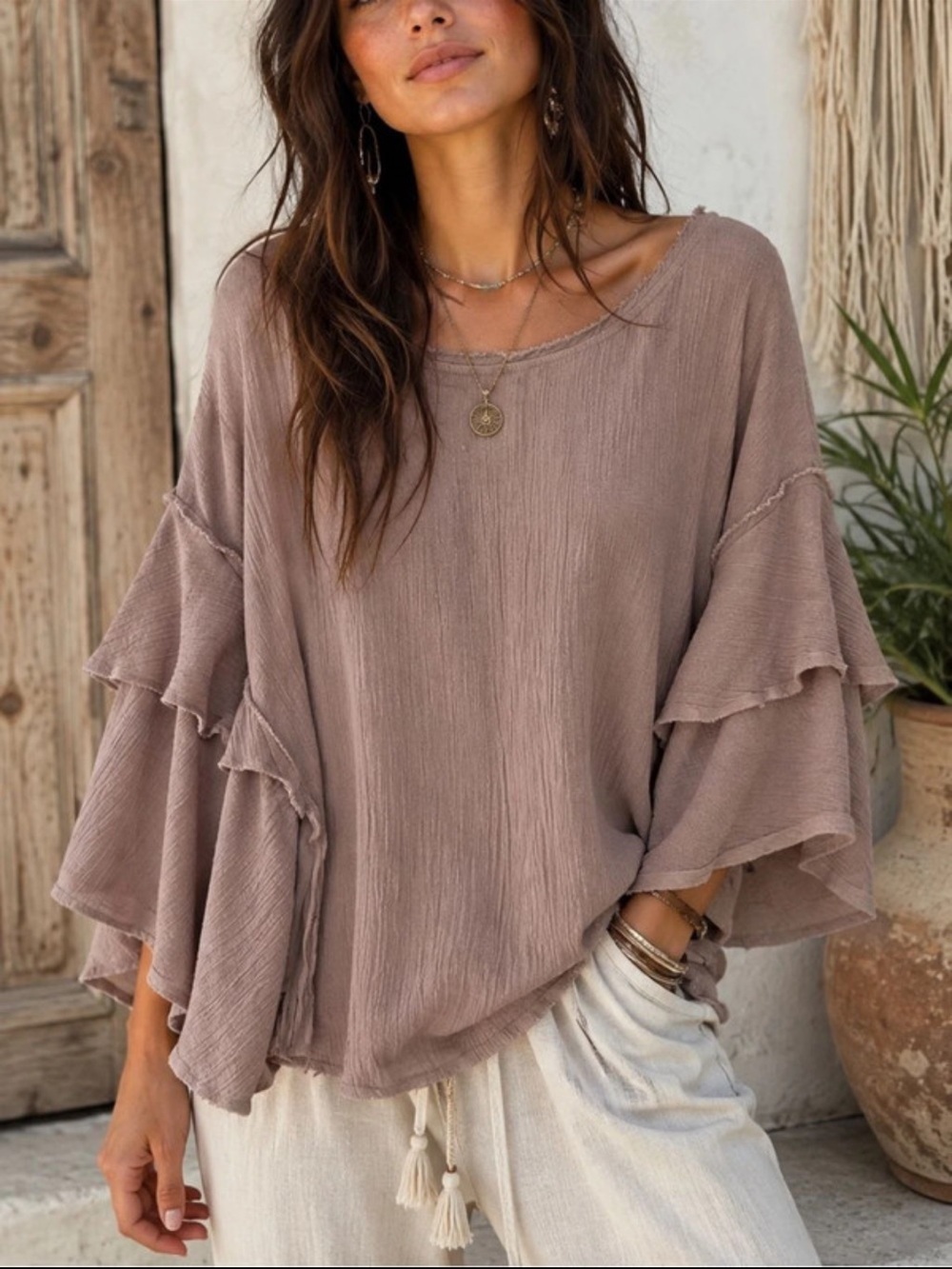 Free People Taupe Ruffle Sleeve Tunic Top
